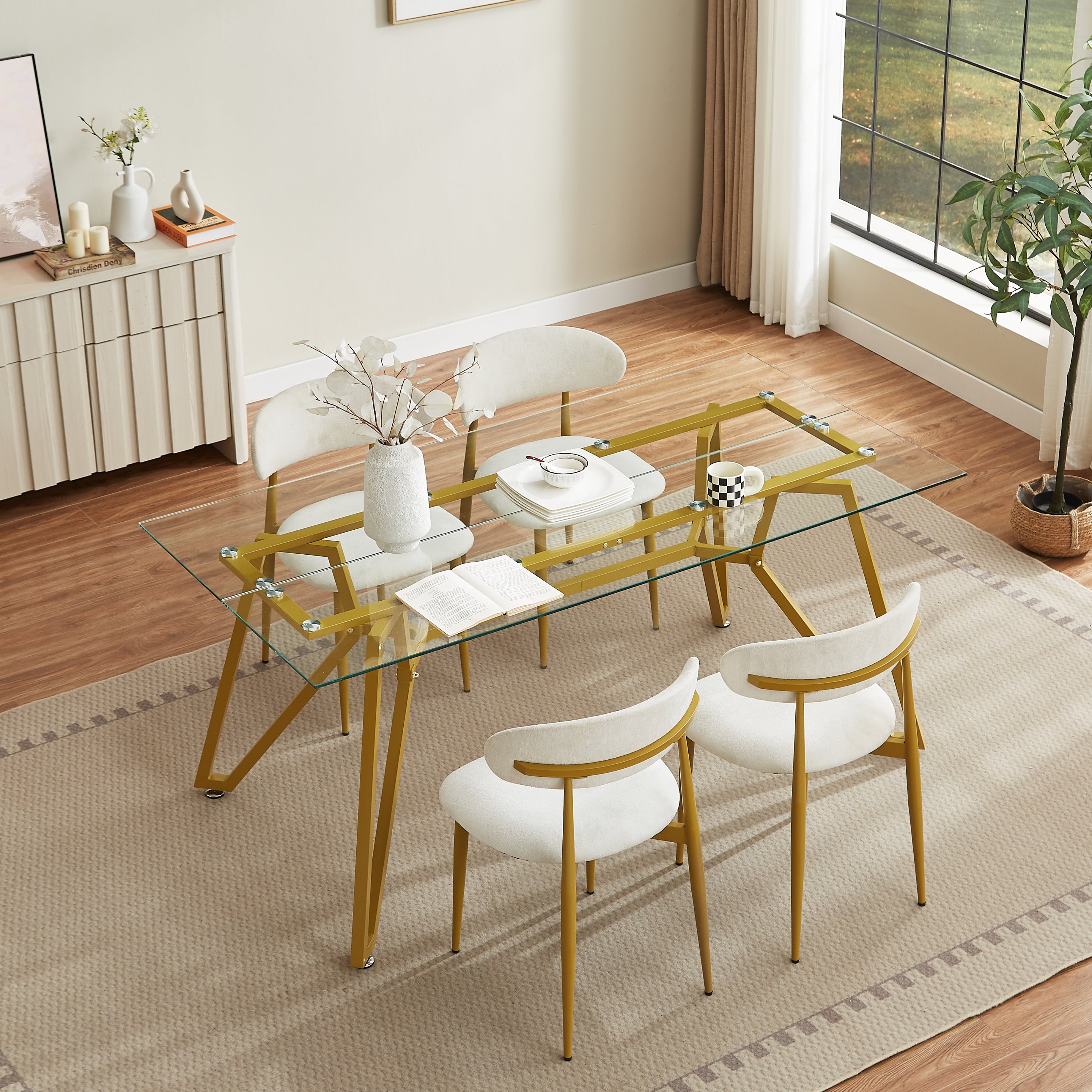 70.9-inch rectangular glass dining table, suitable for 1-8 people, modern style home kitchen dining table, equipped with sturdy metal table legs,suitable for dining room,living rooms, offices, Gold