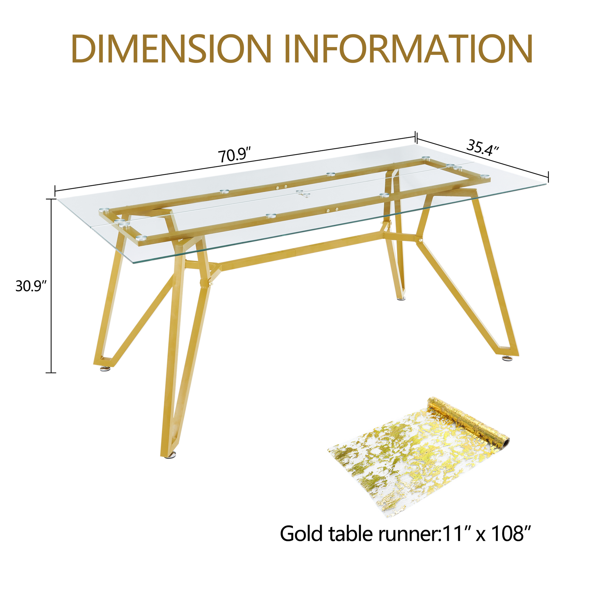 70.9-inch rectangular glass dining table, suitable for 1-8 people, modern style home kitchen dining table, equipped with sturdy metal table legs,suitable for dining room,living rooms, offices, Gold
