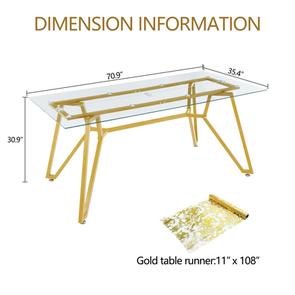 70.9-inch rectangular glass dining table, suitable for 1-8 people, modern style home kitchen dining table, equipped with sturdy metal table legs,suitable for dining room,living rooms, offices, Gold