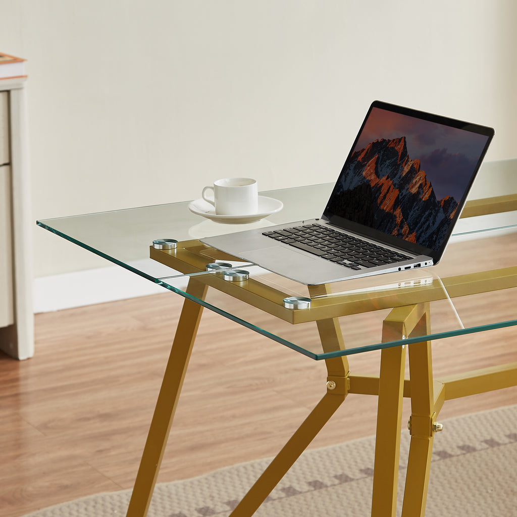70.9-inch rectangular glass dining table, suitable for 1-8 people, modern style home kitchen dining table, equipped with sturdy metal table legs,suitable for dining room,living rooms, offices, Gold