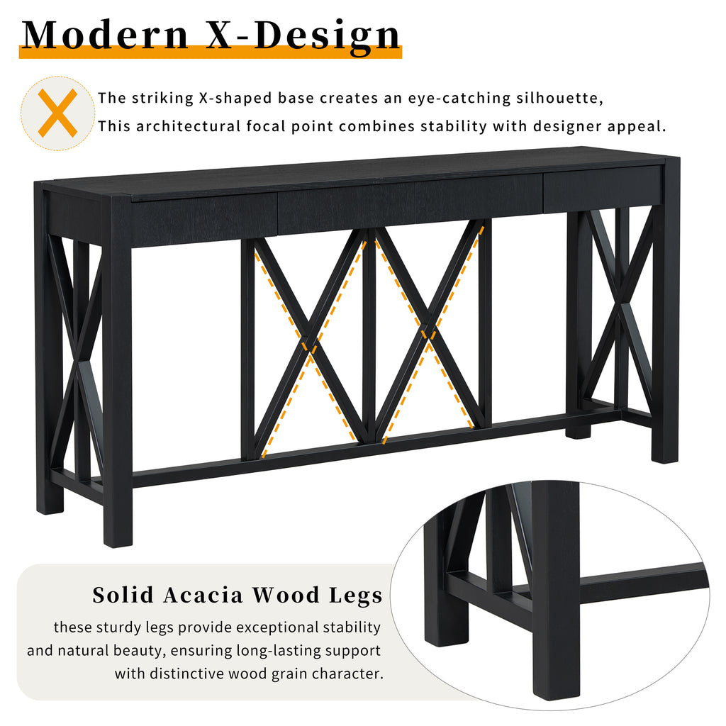 U_Style 60''Acacia Veneer Console Table with 4 Spacious Drawers, Modern Crisscross Design Entryway Table with Open Bottom Storage,Farmhouse Sofa Table for Living Room,Kitchen,Dining Room,Hallway