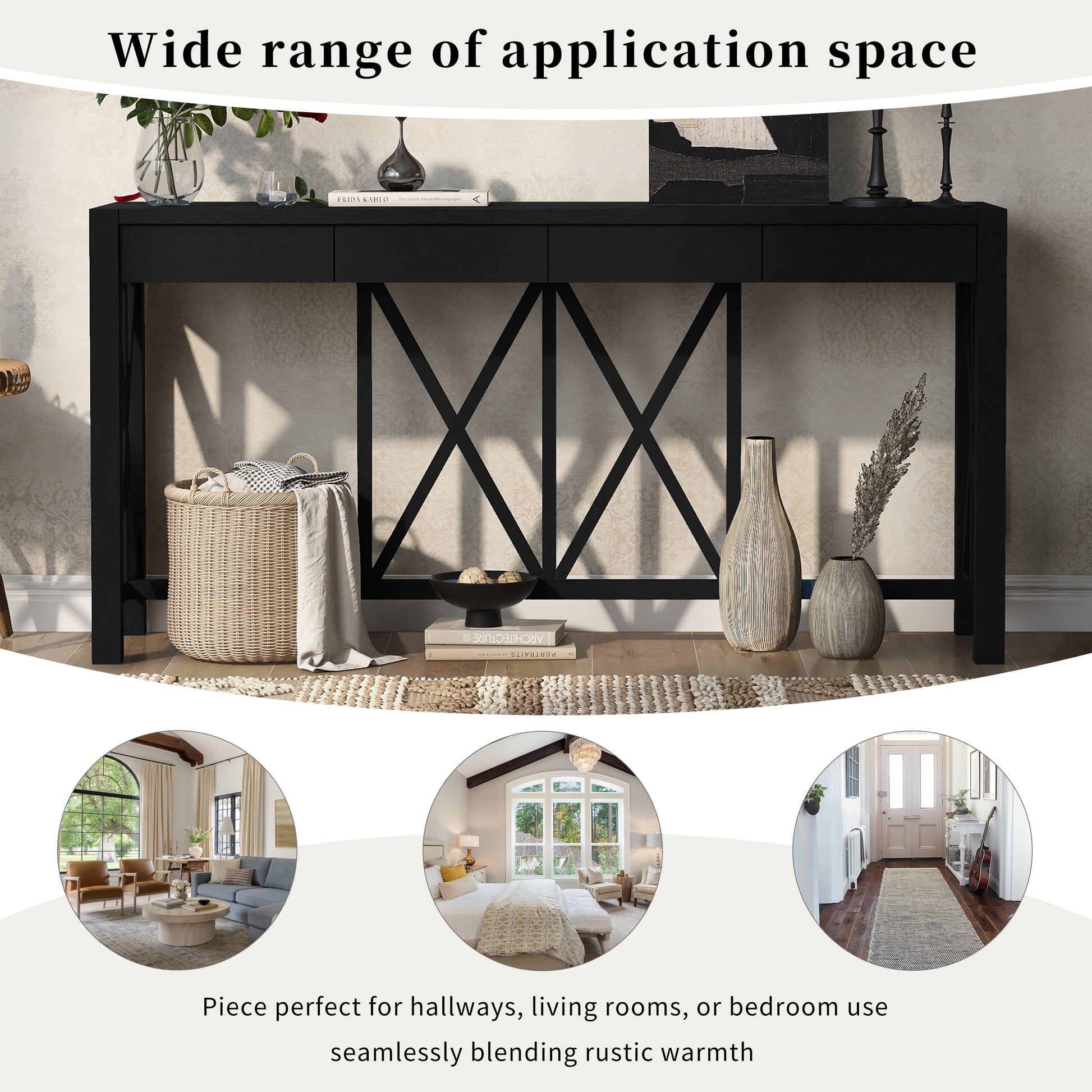 U_Style 60''Acacia Veneer Console Table with 4 Spacious Drawers, Modern Crisscross Design Entryway Table with Open Bottom Storage,Farmhouse Sofa Table for Living Room,Kitchen,Dining Room,Hallway