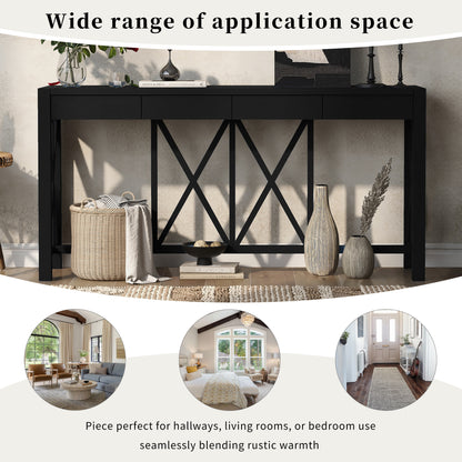 U_Style 60''Acacia Veneer Console Table with 4 Spacious Drawers, Modern Crisscross Design Entryway Table with Open Bottom Storage,Farmhouse Sofa Table for Living Room,Kitchen,Dining Room,Hallway