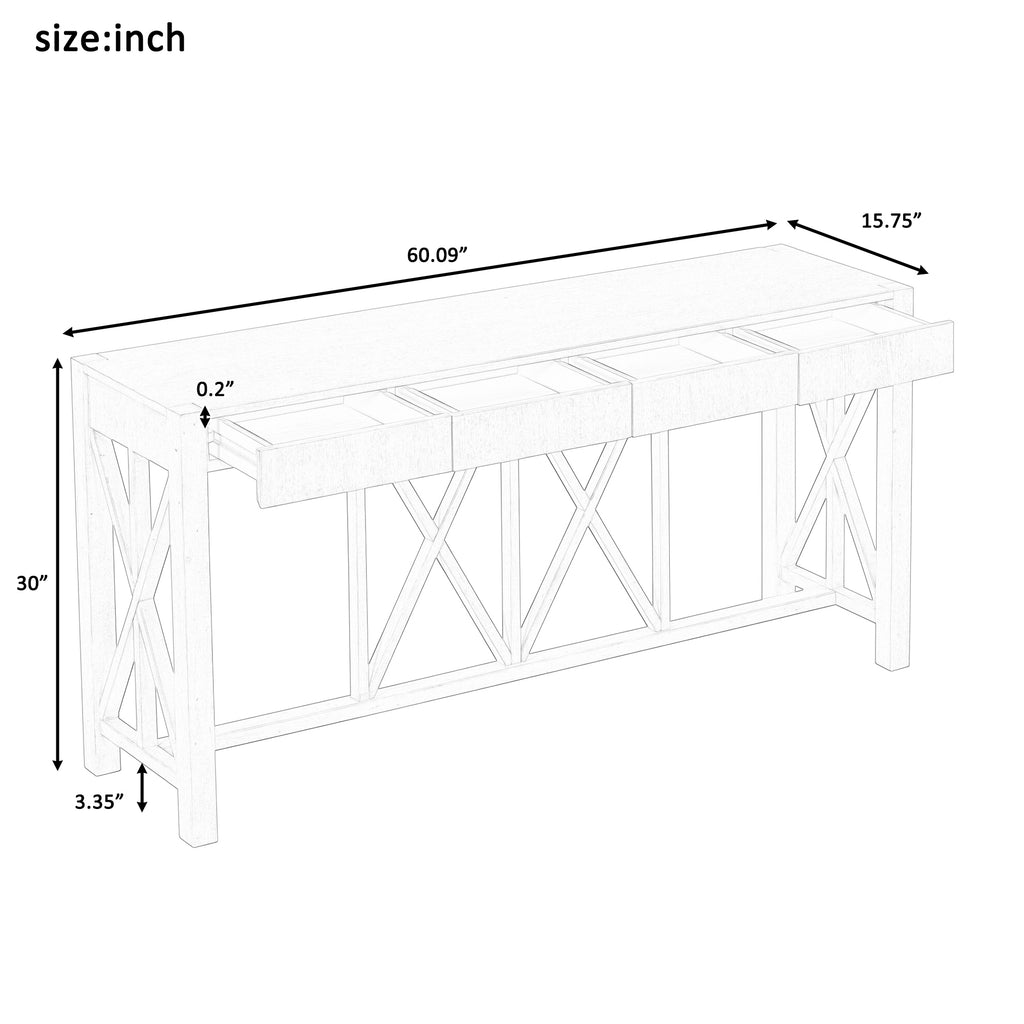 U_Style 60''Acacia Veneer Console Table with 4 Spacious Drawers, Modern Crisscross Design Entryway Table with Open Bottom Storage,Farmhouse Sofa Table for Living Room,Kitchen,Dining Room,Hallway