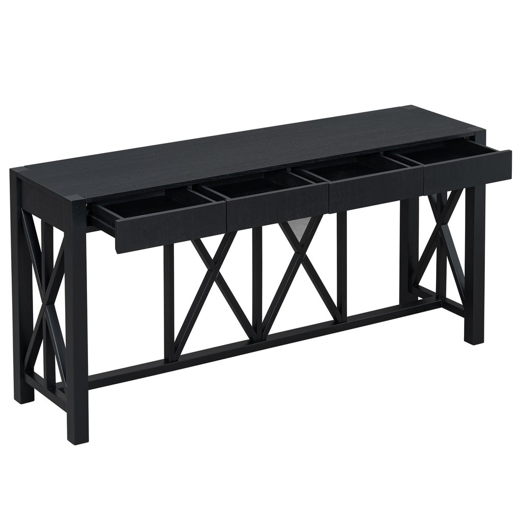 U_Style 60''Acacia Veneer Console Table with 4 Spacious Drawers, Modern Crisscross Design Entryway Table with Open Bottom Storage,Farmhouse Sofa Table for Living Room,Kitchen,Dining Room,Hallway