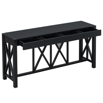 U_Style 60''Acacia Veneer Console Table with 4 Spacious Drawers, Modern Crisscross Design Entryway Table with Open Bottom Storage,Farmhouse Sofa Table for Living Room,Kitchen,Dining Room,Hallway