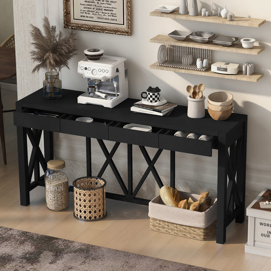 U_Style 60''Acacia Veneer Console Table with 4 Spacious Drawers, Modern Crisscross Design Entryway Table with Open Bottom Storage,Farmhouse Sofa Table for Living Room,Kitchen,Dining Room,Hallway