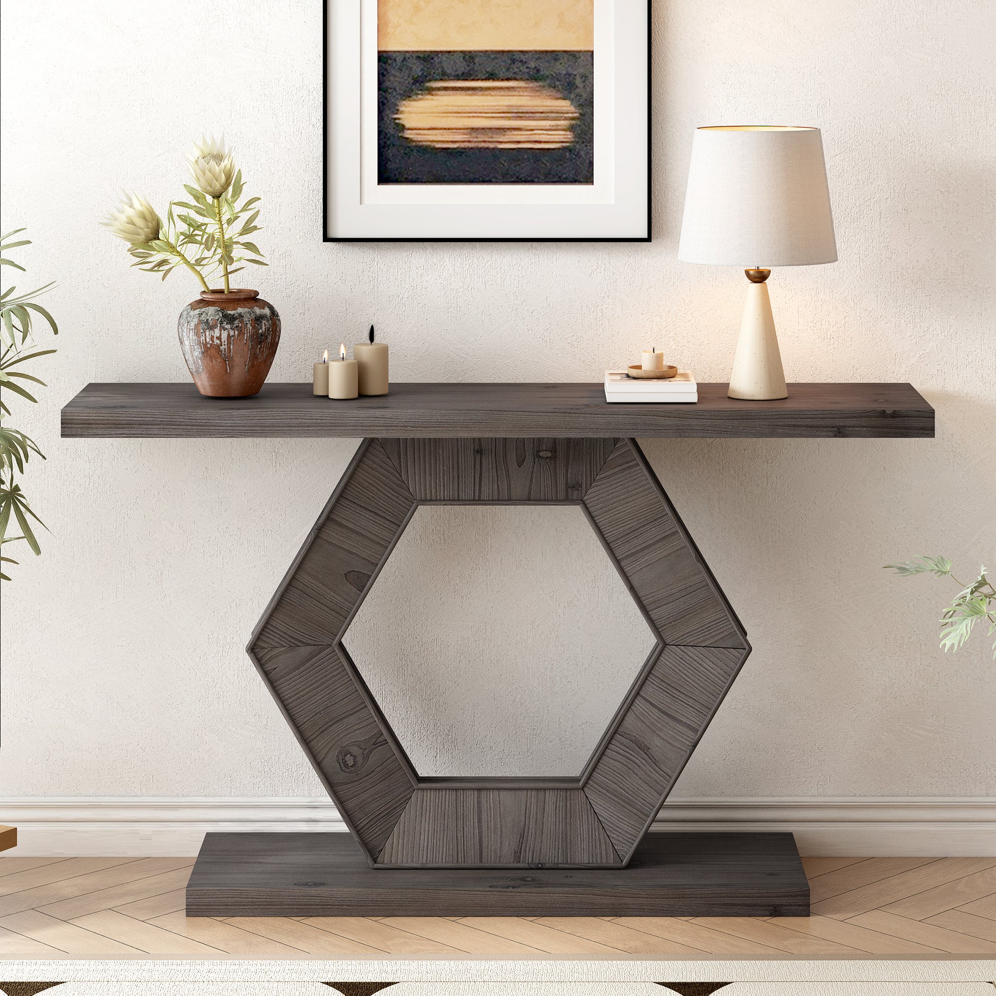U_Style Modern Entryway Table with Innovative Hollow Hexagon Leg Structure and Premium Fir Veneer Finish for Sophistication,Suitable for Hallway, Entryway, Living Room