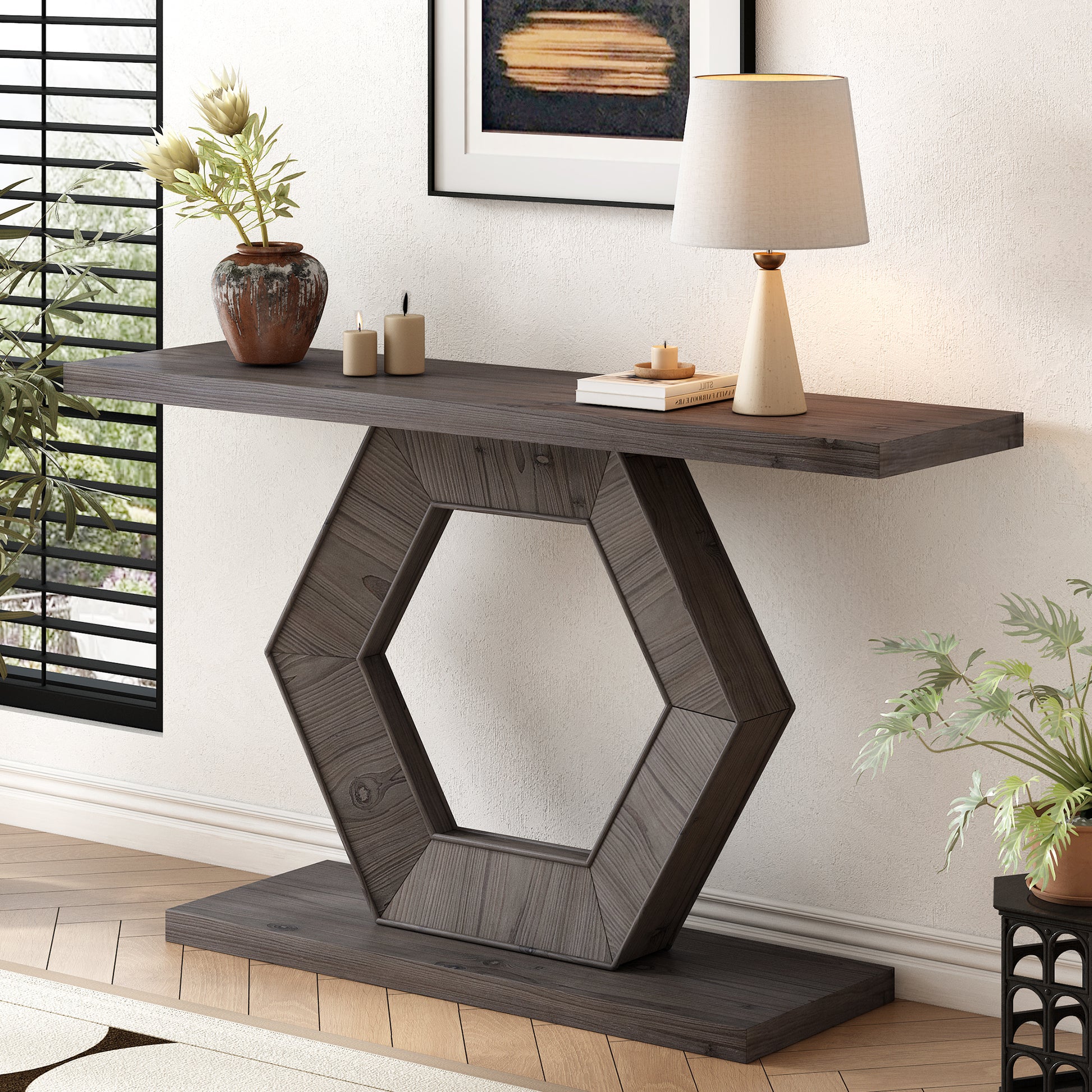 U_Style Modern Entryway Table with Innovative Hollow Hexagon Leg Structure and Premium Fir Veneer Finish for Sophistication,Suitable for Hallway, Entryway, Living Room