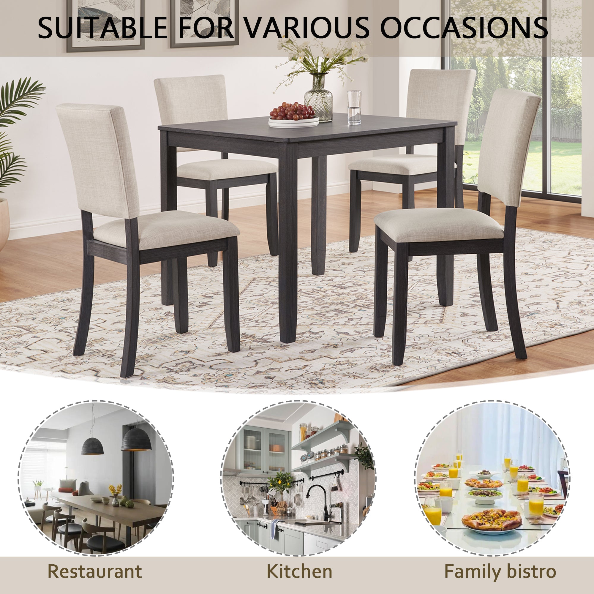 Modern 4 Person Dining Table Set with 4 Chairs, Dining Table Set for 4 People, 5-piece Wooden Dining Table Set for Living Room, Kitchen and Dining Room, Antique Black + Beige Dining Table Set