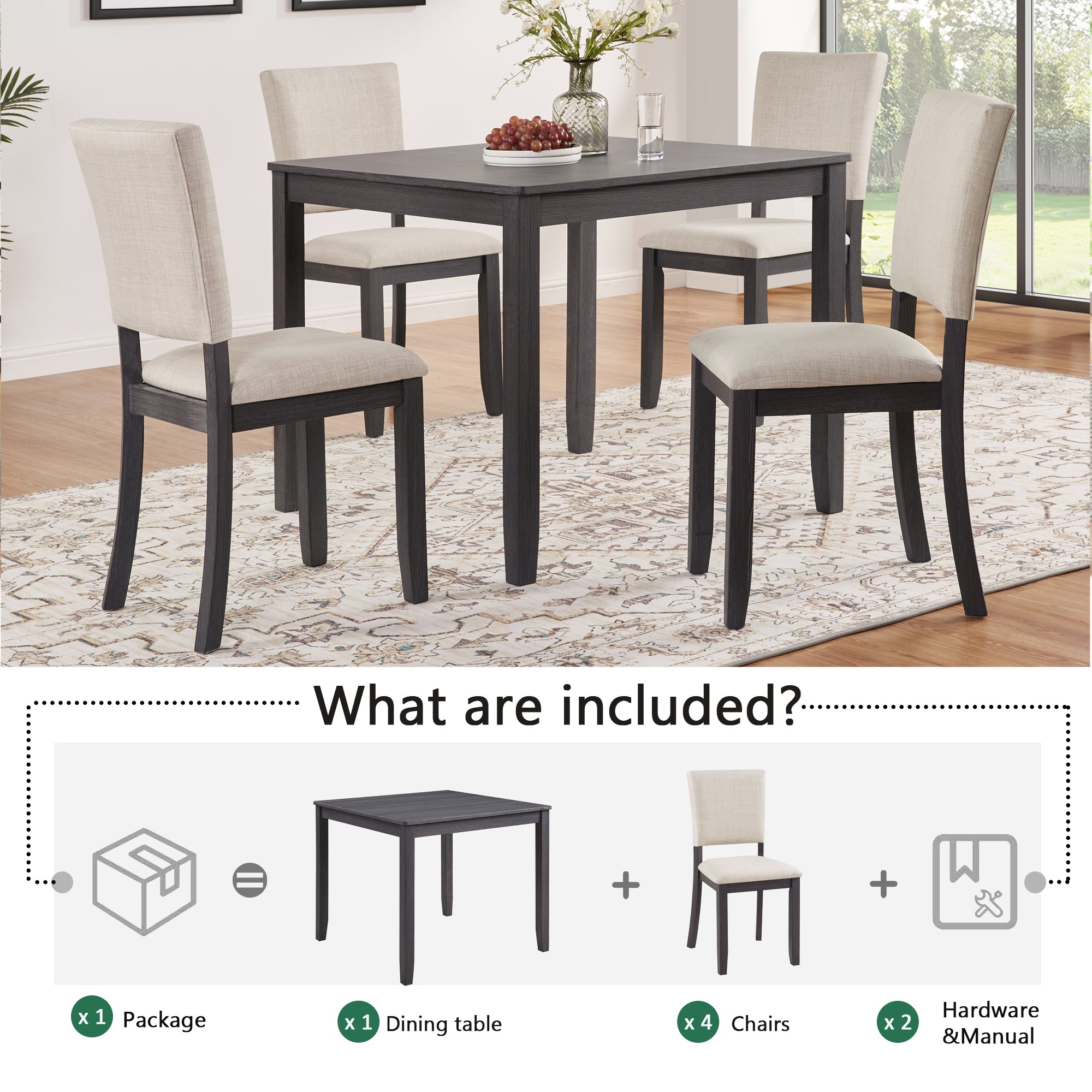 Modern 4 Person Dining Table Set with 4 Chairs, Dining Table Set for 4 People, 5-piece Wooden Dining Table Set for Living Room, Kitchen and Dining Room, Antique Black + Beige Dining Table Set