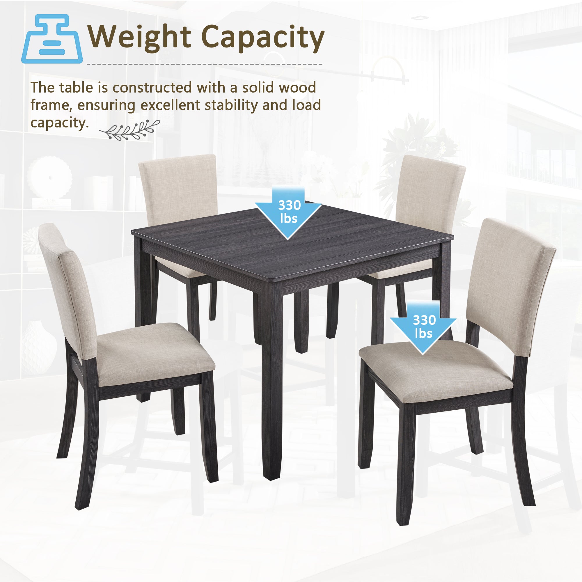 Modern 4 Person Dining Table Set with 4 Chairs, Dining Table Set for 4 People, 5-piece Wooden Dining Table Set for Living Room, Kitchen and Dining Room, Antique Black + Beige Dining Table Set