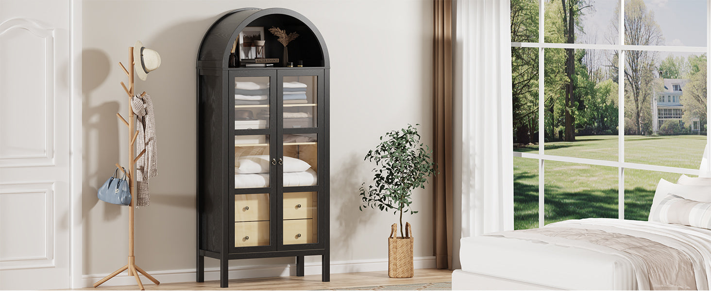 Modern Farmhouse Arched Cabinet with Glass Doors,72' Tall Auto Sensor Light Arch Storage Cabinet with Height Adjustable Shelf and 2 Drawers Display Bookshelf in Black Oak Wood Grain Bookshelf