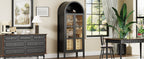 Modern Farmhouse Arched Cabinet with Glass Doors,72' Tall Auto Sensor Light Arch Storage Cabinet with Height Adjustable Shelf and 2 Drawers Display Bookshelf in Black Oak Wood Grain Bookshelf