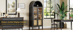 Modern Farmhouse Arched Cabinet with Glass Doors,72' Tall Auto Sensor Light Arch Storage Cabinet with Height Adjustable Shelf and 2 Drawers Display Bookshelf in Black Oak Wood Grain Bookshelf
