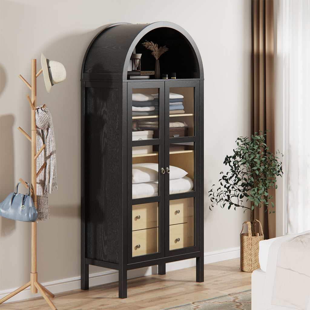 Modern Farmhouse Arched Cabinet with Glass Doors,72' Tall Auto Sensor Light Arch Storage Cabinet with Height Adjustable Shelf and 2 Drawers Display Bookshelf in Black Oak Wood Grain Bookshelf