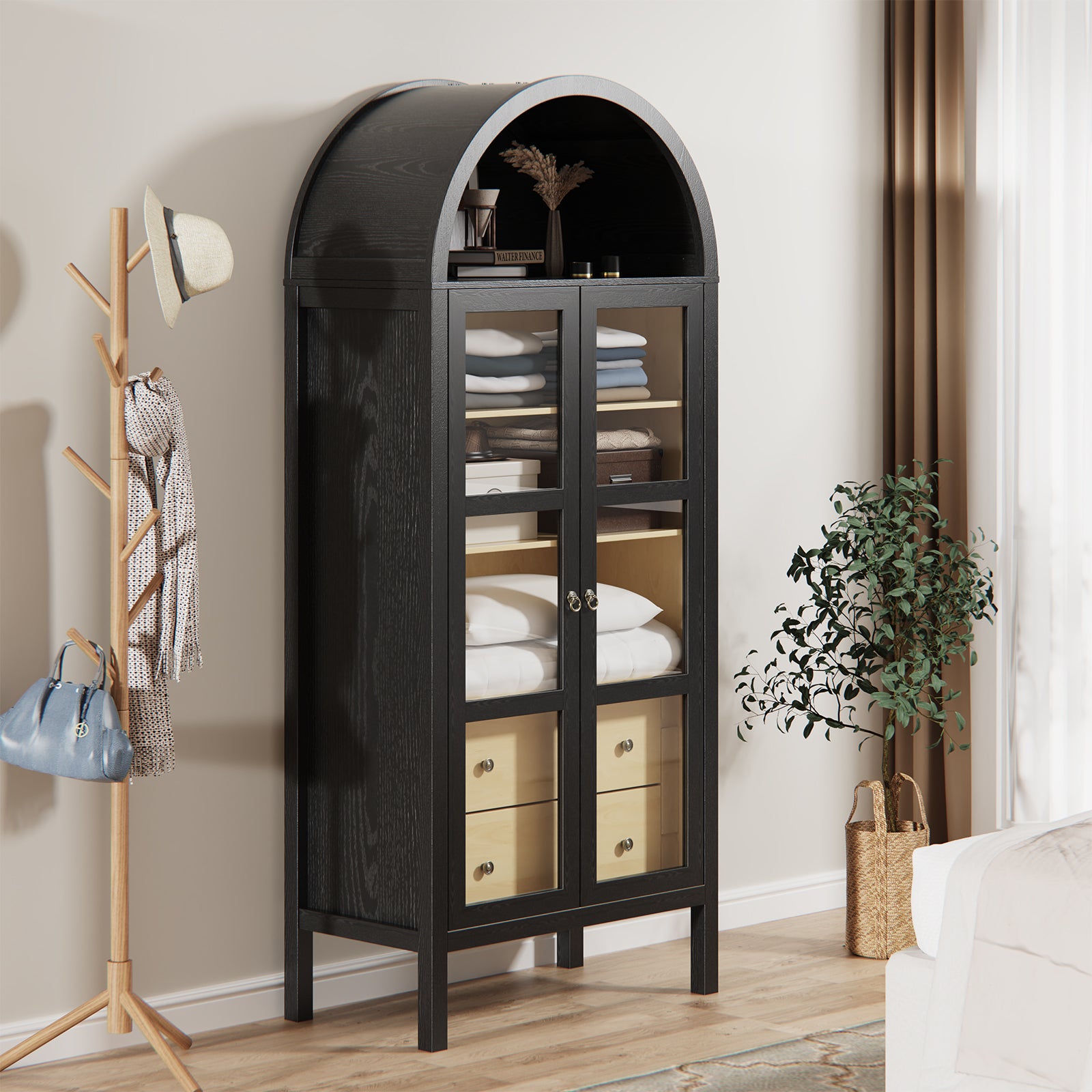 Modern Farmhouse Arched Cabinet with Glass Doors,72' Tall Auto Sensor Light Arch Storage Cabinet with Height Adjustable Shelf and 2 Drawers Display Bookshelf in Black Oak Wood Grain Bookshelf