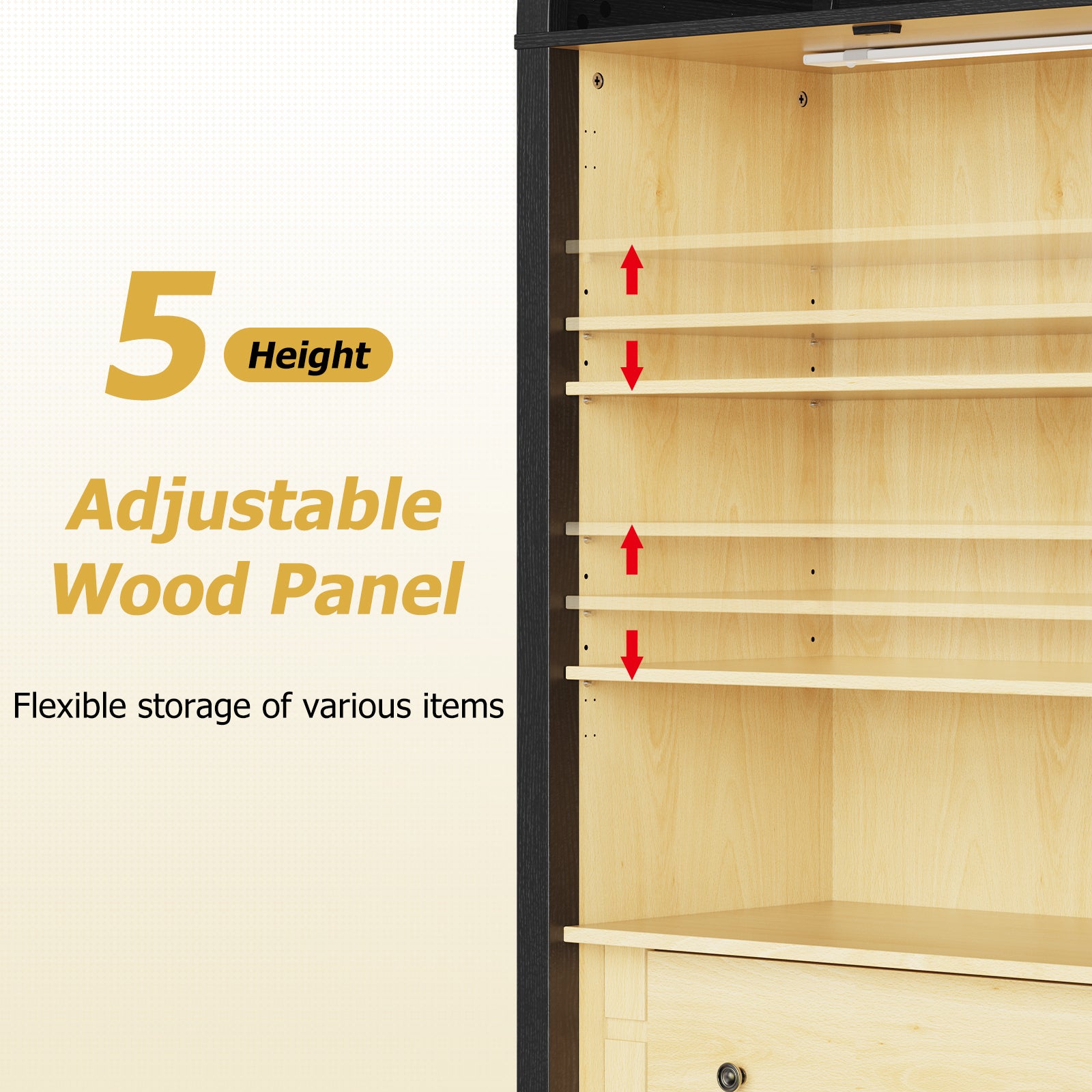 Modern Farmhouse Arched Cabinet with Glass Doors,72' Tall Auto Sensor Light Arch Storage Cabinet with Height Adjustable Shelf and 2 Drawers Display Bookshelf in Black Oak Wood Grain Bookshelf