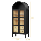 Modern Farmhouse Arched Cabinet with Glass Doors,72' Tall Auto Sensor Light Arch Storage Cabinet with Height Adjustable Shelf and 2 Drawers Display Bookshelf in Black Oak Wood Grain Bookshelf