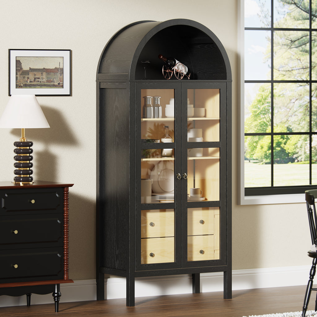 Modern Farmhouse Arched Cabinet with Glass Doors,72' Tall Auto Sensor Light Arch Storage Cabinet with Height Adjustable Shelf and 2 Drawers Display Bookshelf in Black Oak Wood Grain Bookshelf