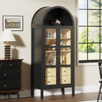 Modern Farmhouse Arched Cabinet with Glass Doors,72' Tall Auto Sensor Light Arch Storage Cabinet with Height Adjustable Shelf and 2 Drawers Display Bookshelf in Black Oak Wood Grain Bookshelf