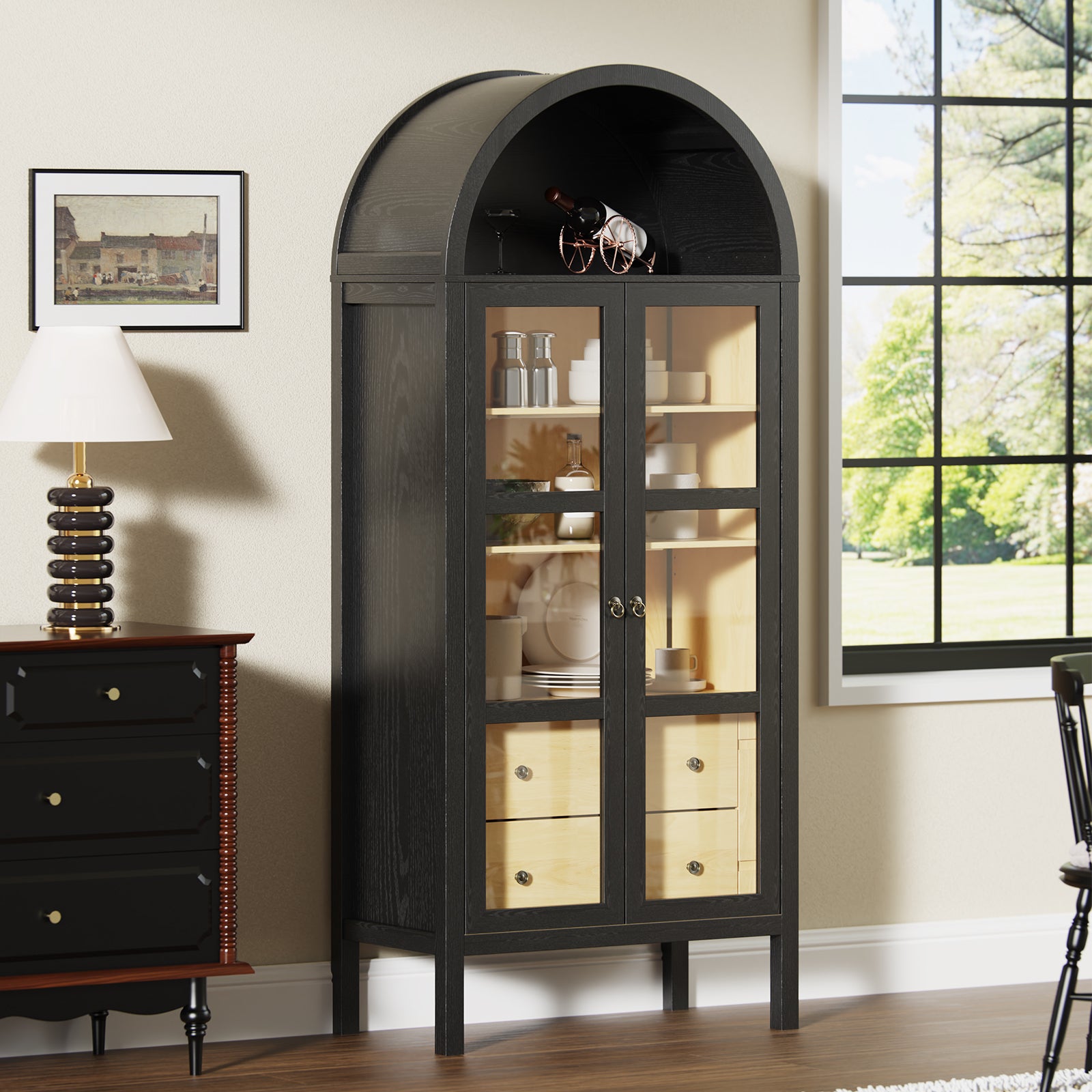 Modern Farmhouse Arched Cabinet with Glass Doors,72' Tall Auto Sensor Light Arch Storage Cabinet with Height Adjustable Shelf and 2 Drawers Display Bookshelf in Black Oak Wood Grain Bookshelf