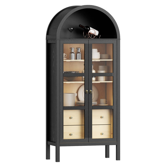 Modern Farmhouse Arched Cabinet with Glass Doors,72' Tall Auto Sensor Light Arch Storage Cabinet with Height Adjustable Shelf and 2 Drawers Display Bookshelf in Black Oak Wood Grain Bookshelf