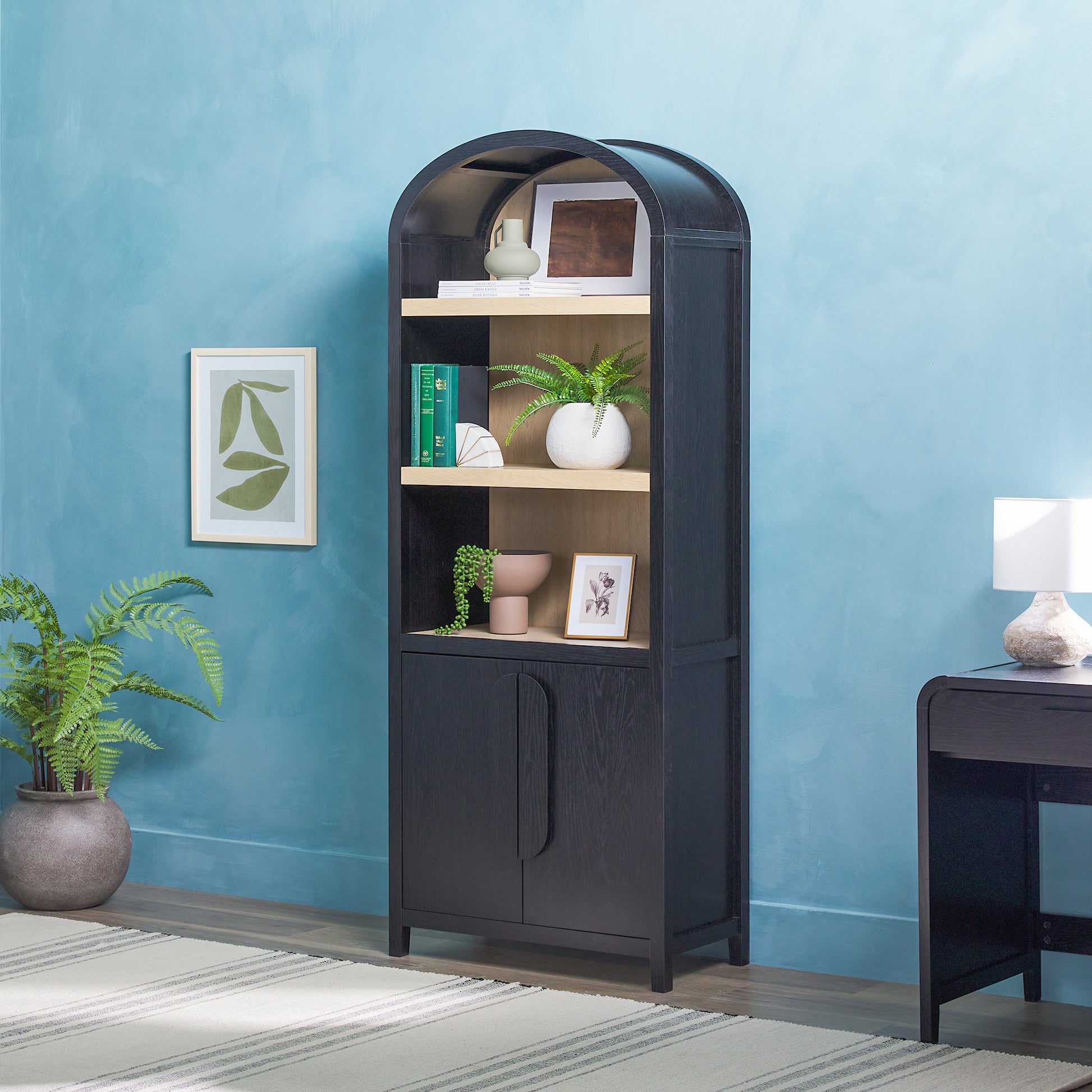 Modern 3 Shelf Open Arched Bookcase Cabinet Oak/Black - Groovy Boardz