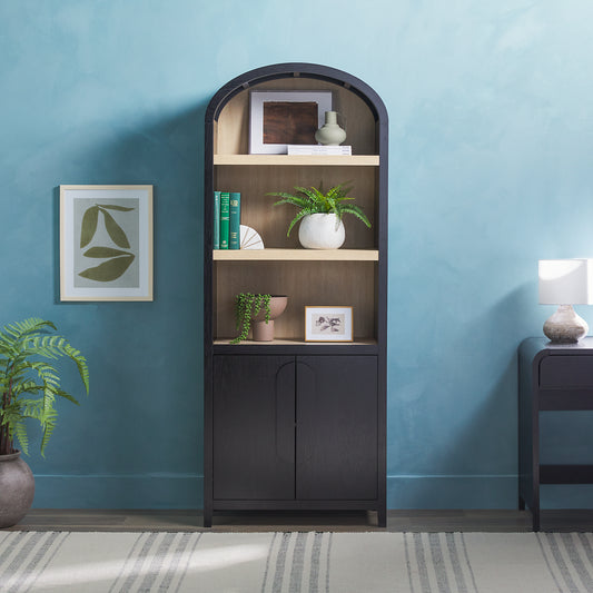 Modern 3 Shelf Open Arched Bookcase Cabinet Oak/Black - Groovy Boardz