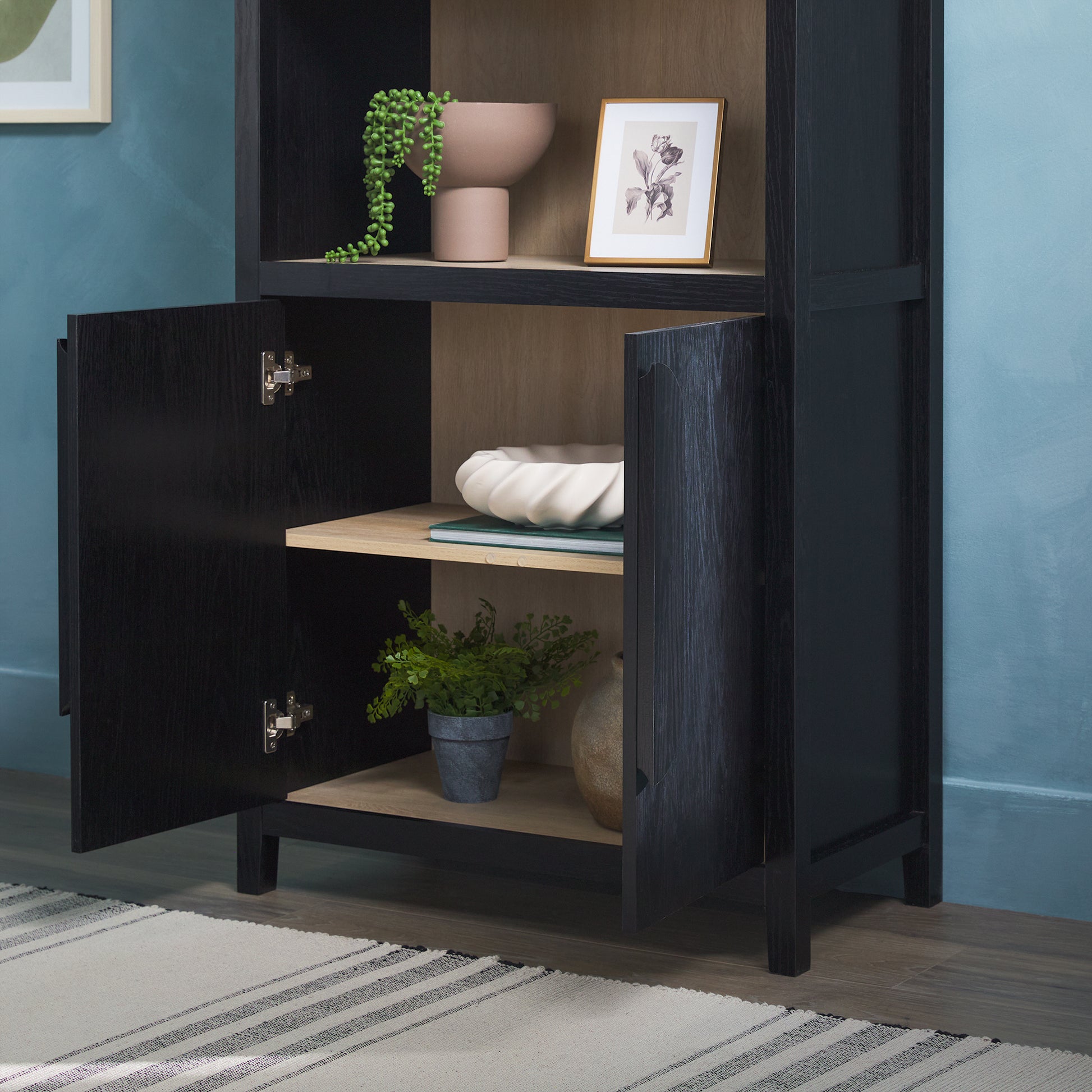 Modern 3 Shelf Open Arched Bookcase Cabinet Oak/Black - Groovy Boardz