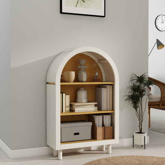 Arched Small Bookcase,Arched Storage Cabinet,Wooden Modern Arched Top Bookshelf with 3 Shelves,White with Woodgrain Shelves, 3-Tier Storage Shelf for Living Room, Bedroom, Entryway
