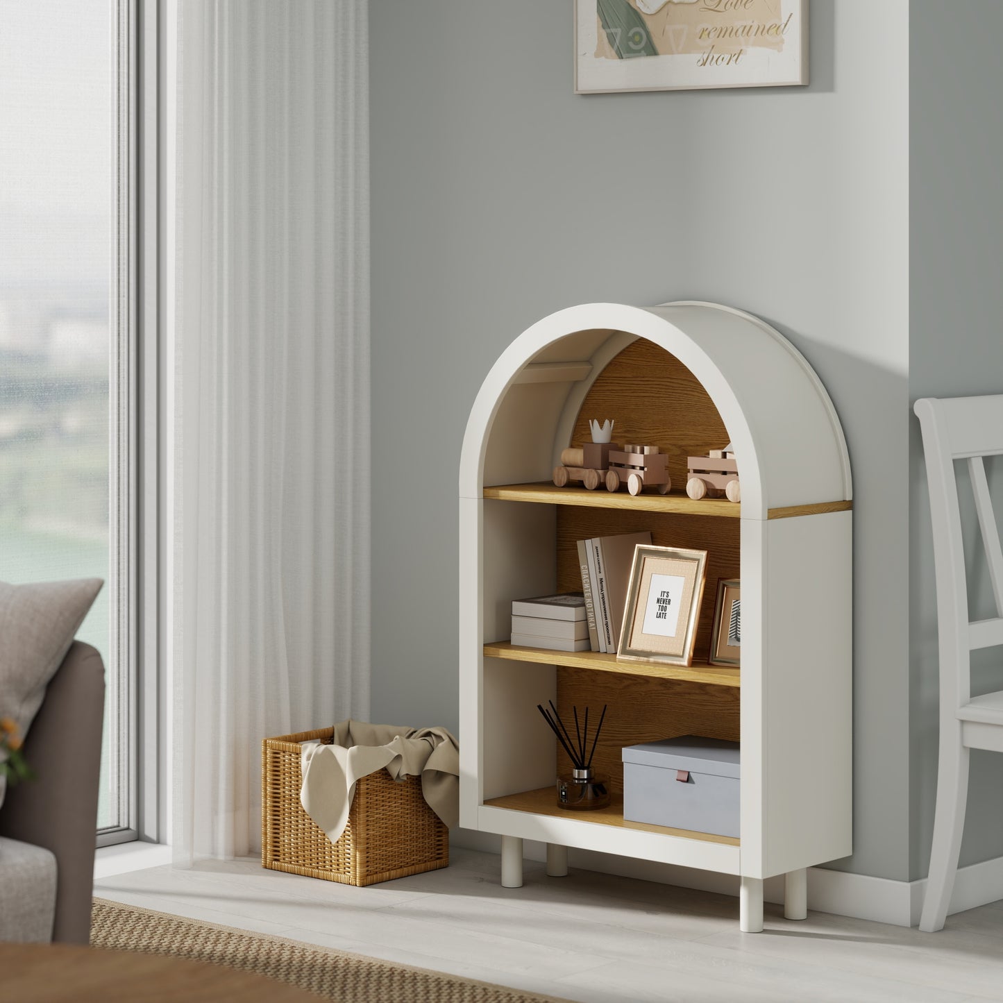 Arched Small Bookcase,Arched Storage Cabinet,Wooden Modern Arched Top Bookshelf with 3 Shelves,White with Woodgrain Shelves, 3-Tier Storage Shelf for Living Room, Bedroom, Entryway