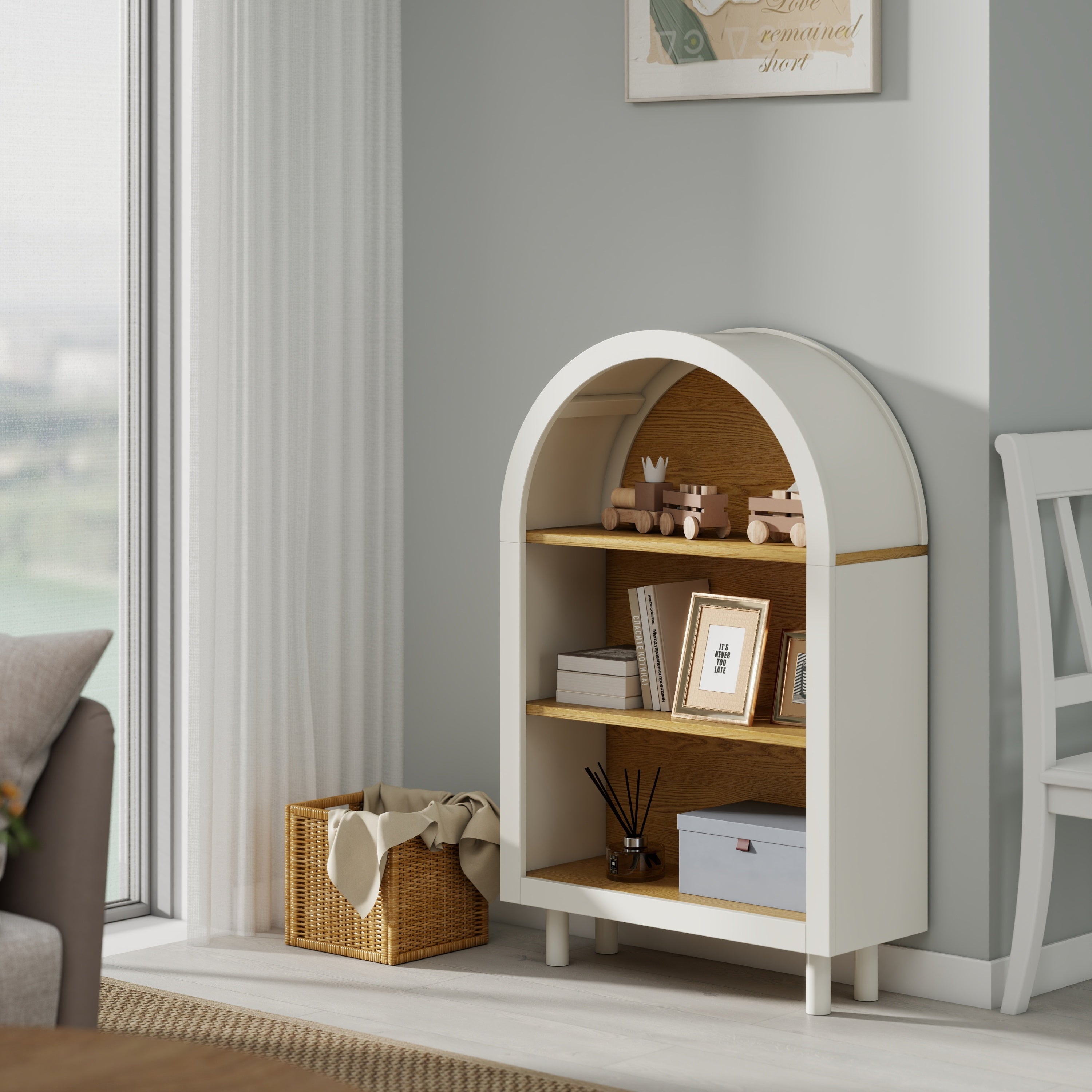 Arched Small Bookcase,Arched Storage Cabinet,Wooden Modern Arched Top Bookshelf with 3 Shelves,White with Woodgrain Shelves, 3-Tier Storage Shelf for Living Room, Bedroom, Entryway
