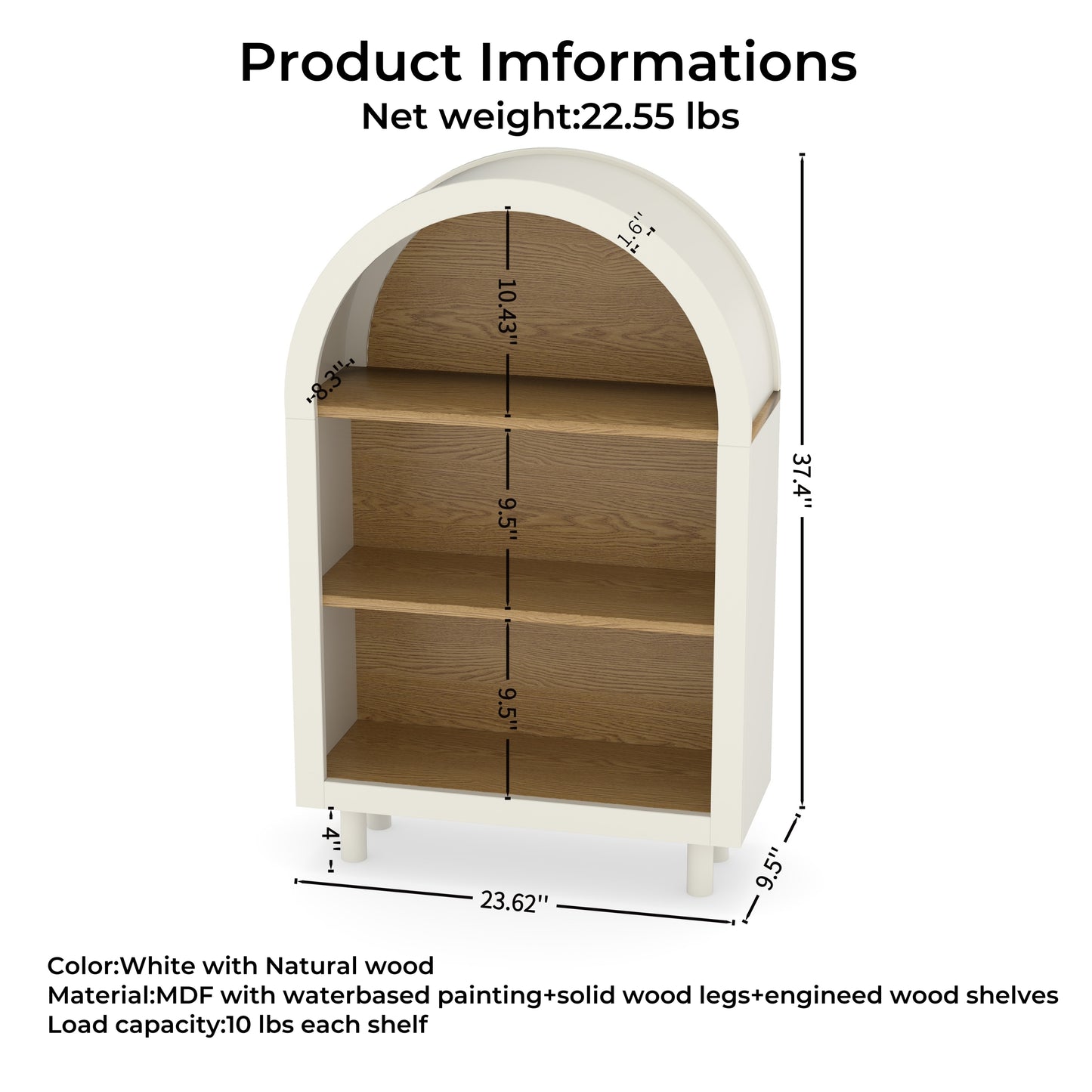 Arched Small Bookcase,Arched Storage Cabinet,Wooden Modern Arched Top Bookshelf with 3 Shelves,White with Woodgrain Shelves, 3-Tier Storage Shelf for Living Room, Bedroom, Entryway