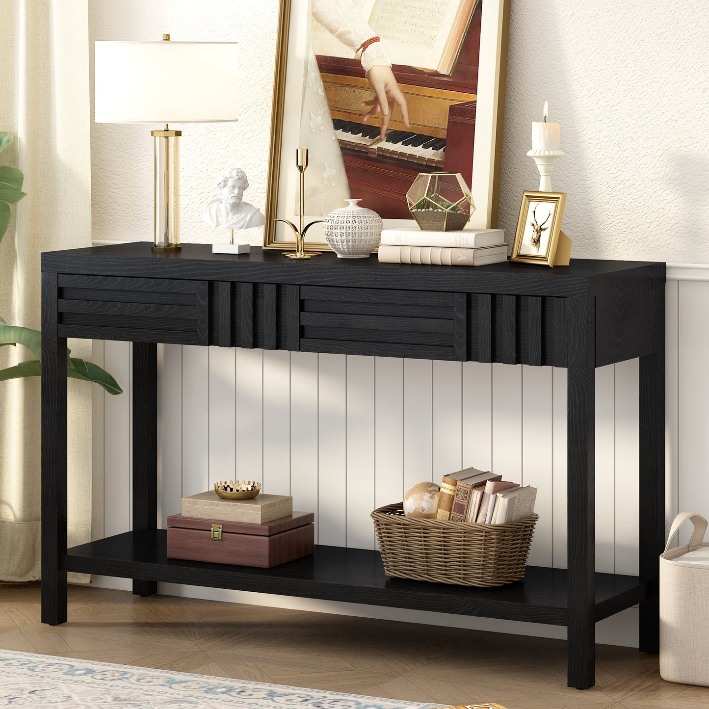 U_STYLE Ash Veneer Modern Style Console Table, Striped Design, Suitable for Entryway, Corridor, Foyer, Living Room, Study