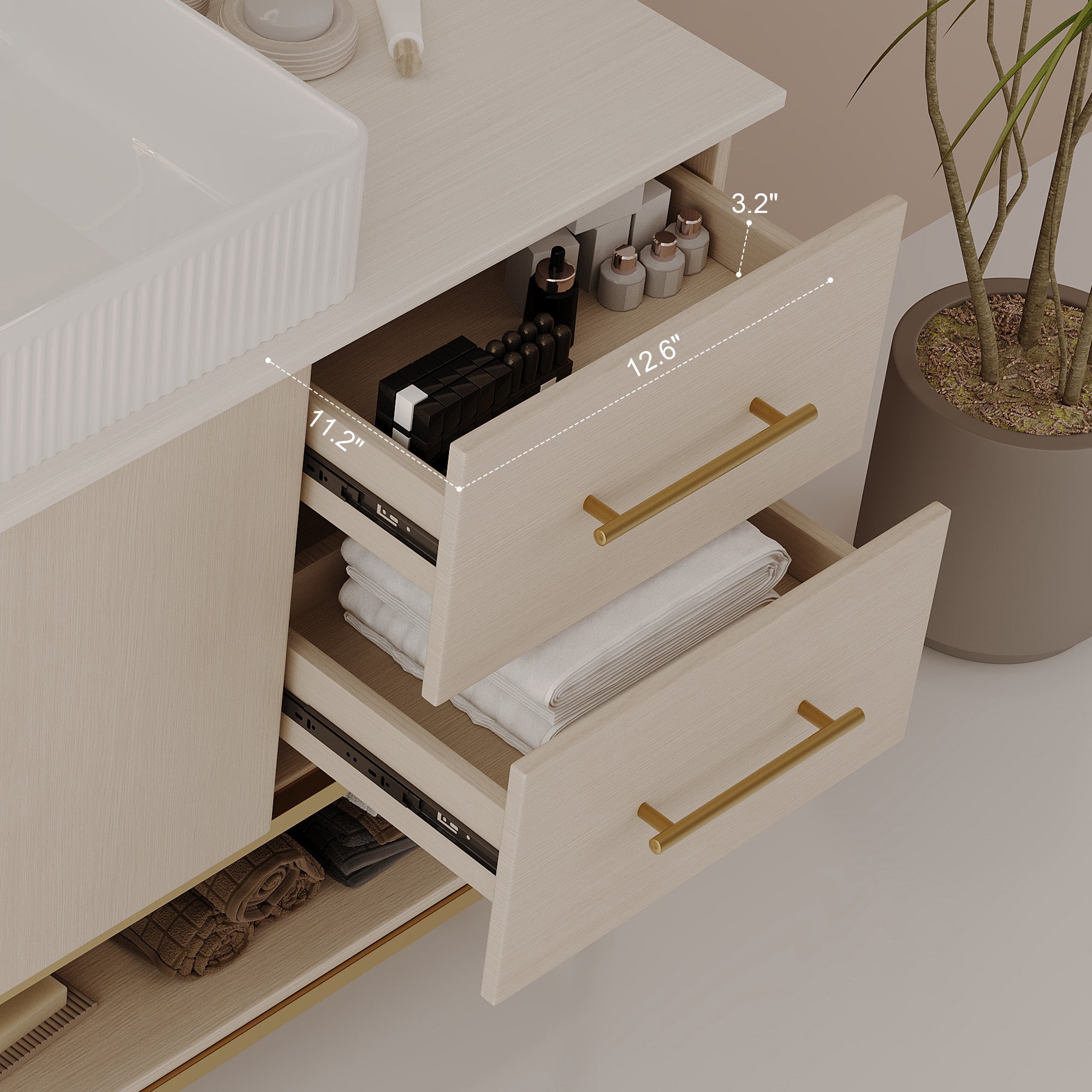 47.2' Modern Bathroom Vanity with Ceramic Vessel Sink, Gold Accent Free Standing Cabinet Bathroom Vanity