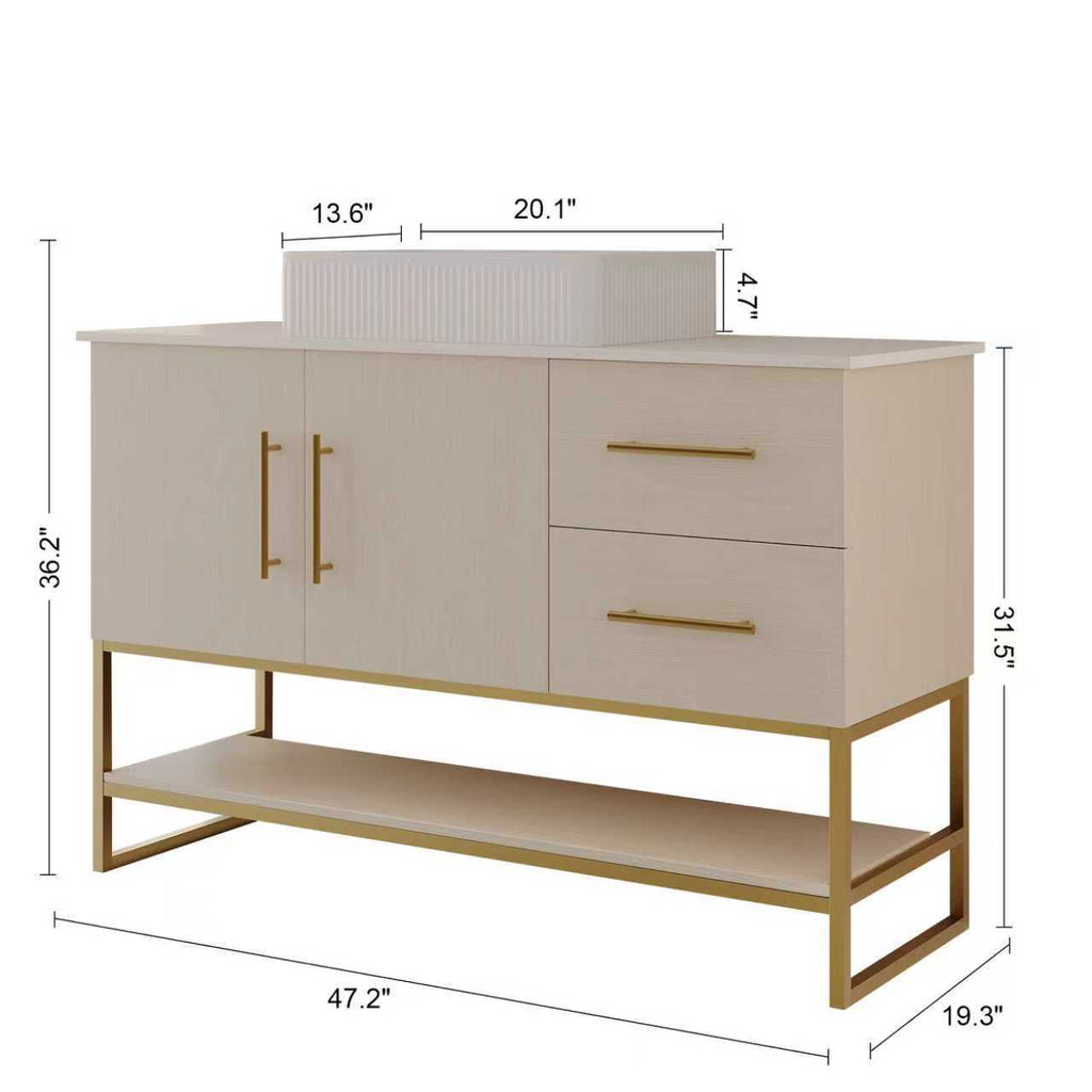 47.2' Modern Bathroom Vanity with Ceramic Vessel Sink, Gold Accent Free Standing Cabinet Bathroom Vanity