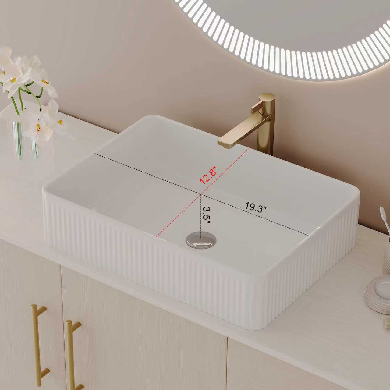 47.2' Modern Bathroom Vanity with Ceramic Vessel Sink, Gold Accent Free Standing Cabinet Bathroom Vanity