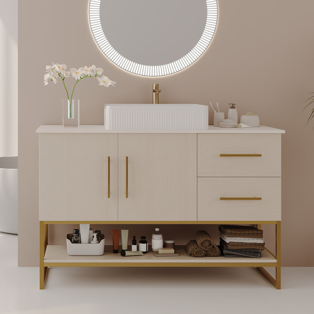 47.2' Modern Bathroom Vanity with Ceramic Vessel Sink, Gold Accent Free Standing Cabinet Bathroom Vanity