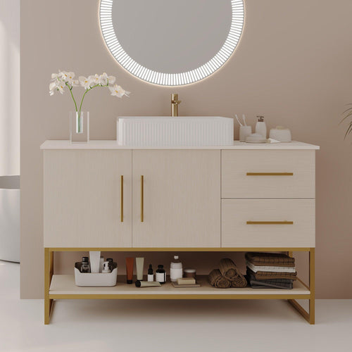 Modern Bathroom Vanity with Sink and Gold Accents.