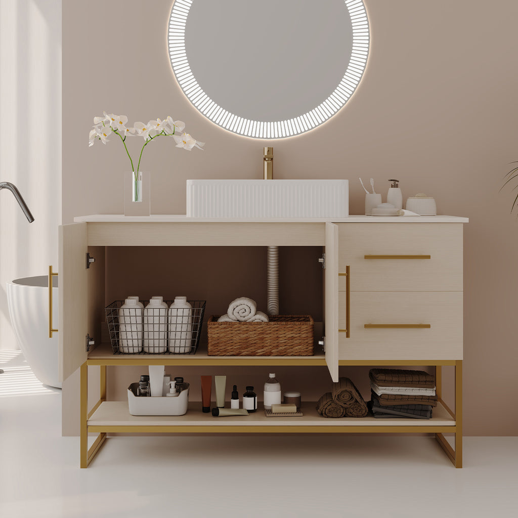 47.2' Modern Bathroom Vanity with Ceramic Vessel Sink, Gold Accent Free Standing Cabinet Bathroom Vanity