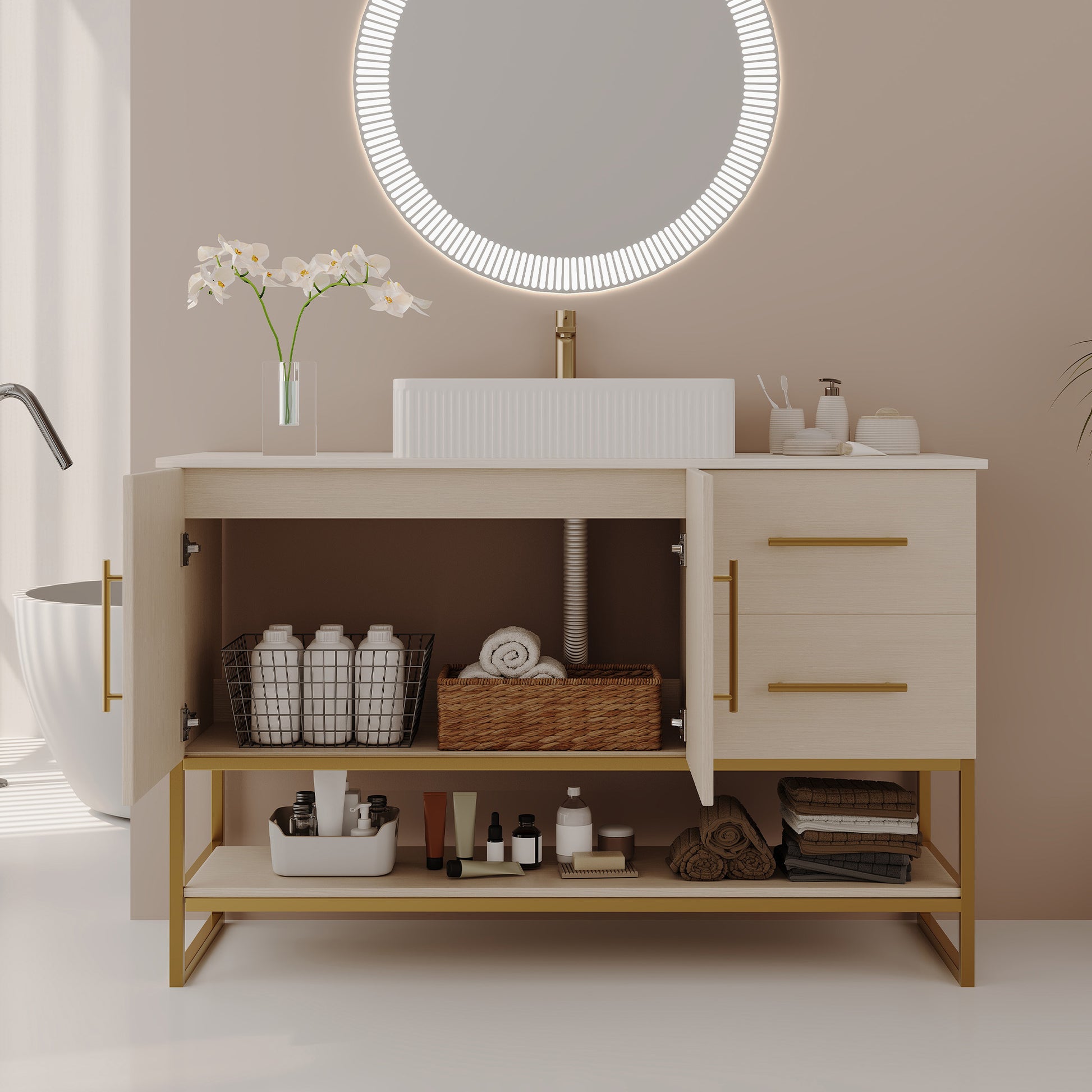 47.2' Modern Bathroom Vanity with Ceramic Vessel Sink, Gold Accent Free Standing Cabinet Bathroom Vanity