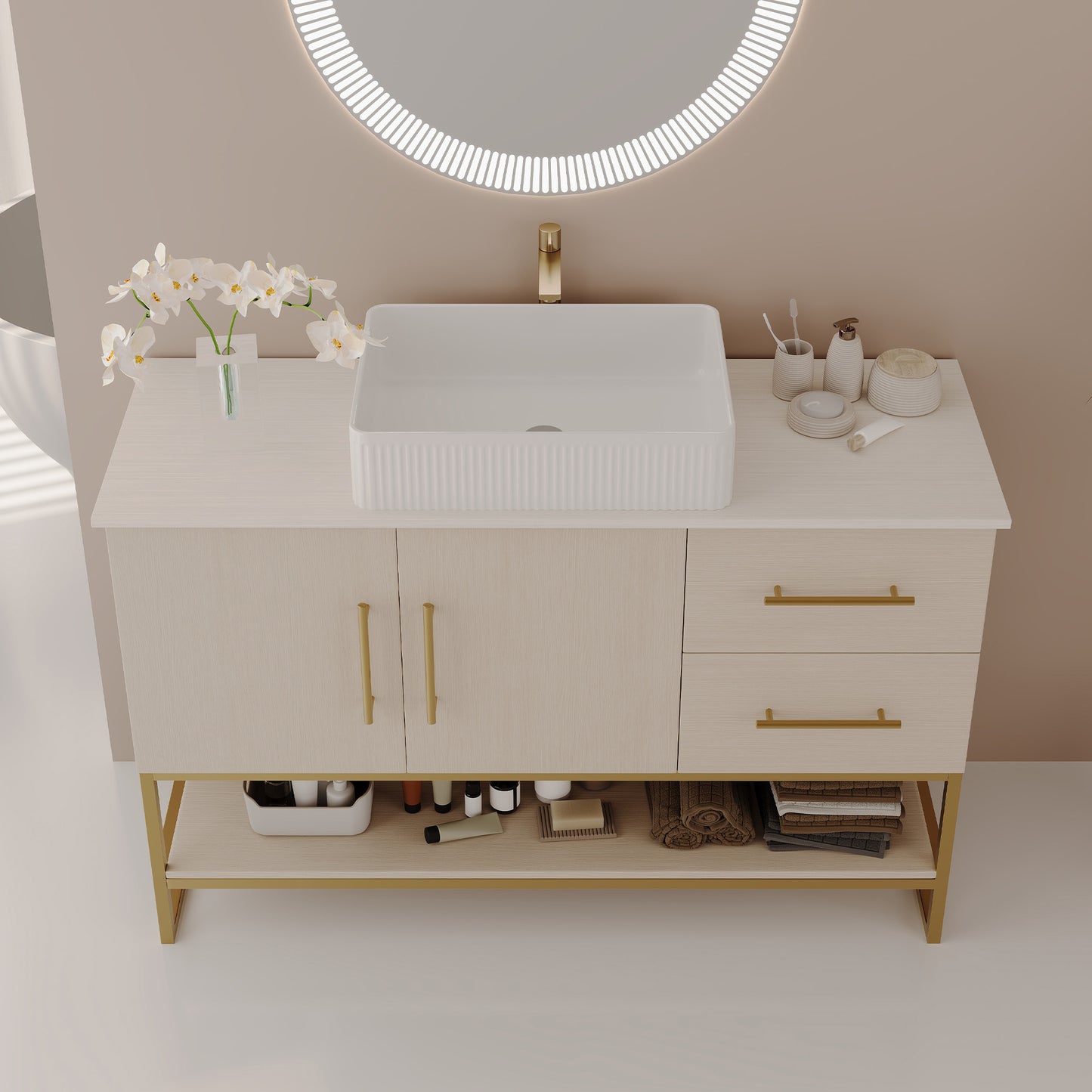 47.2' Modern Bathroom Vanity with Ceramic Vessel Sink, Gold Accent Free Standing Cabinet Bathroom Vanity