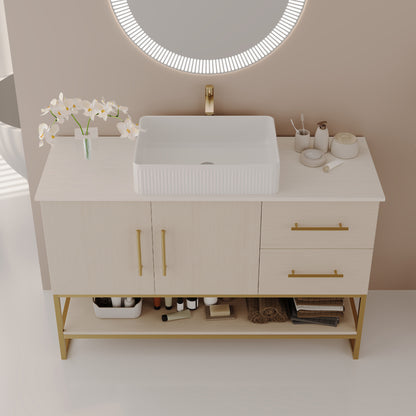 47.2' Modern Bathroom Vanity with Ceramic Vessel Sink, Gold Accent Free Standing Cabinet Bathroom Vanity