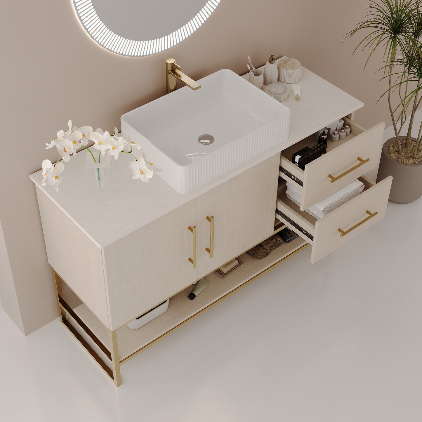47.2' Modern Bathroom Vanity with Ceramic Vessel Sink, Gold Accent Free Standing Cabinet Bathroom Vanity