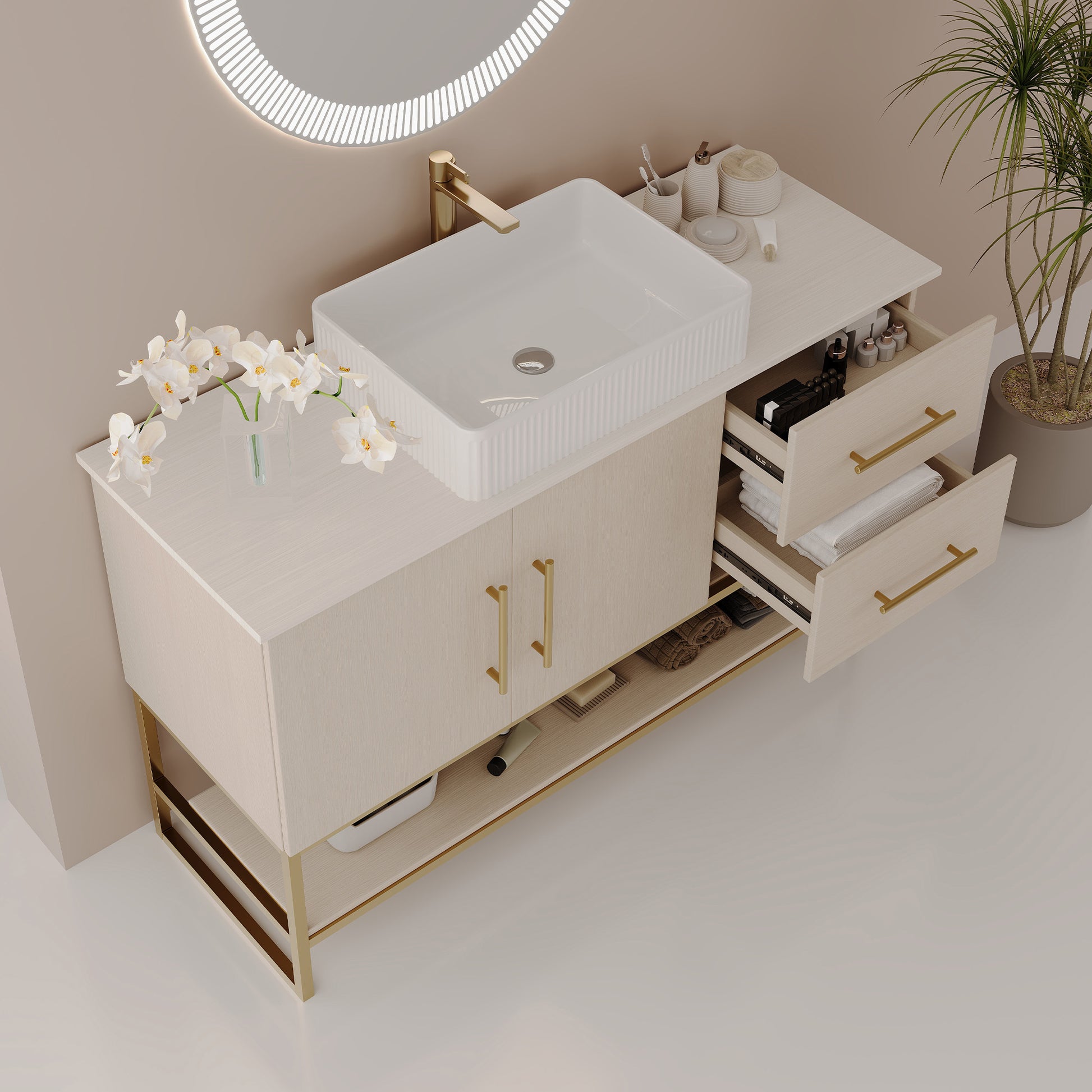 47.2' Modern Bathroom Vanity with Ceramic Vessel Sink, Gold Accent Free Standing Cabinet Bathroom Vanity