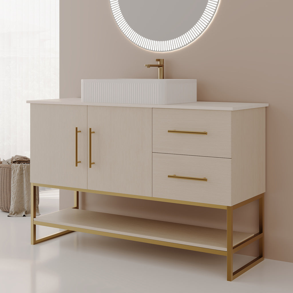 47.2' Modern Bathroom Vanity with Ceramic Vessel Sink, Gold Accent Free Standing Cabinet Bathroom Vanity