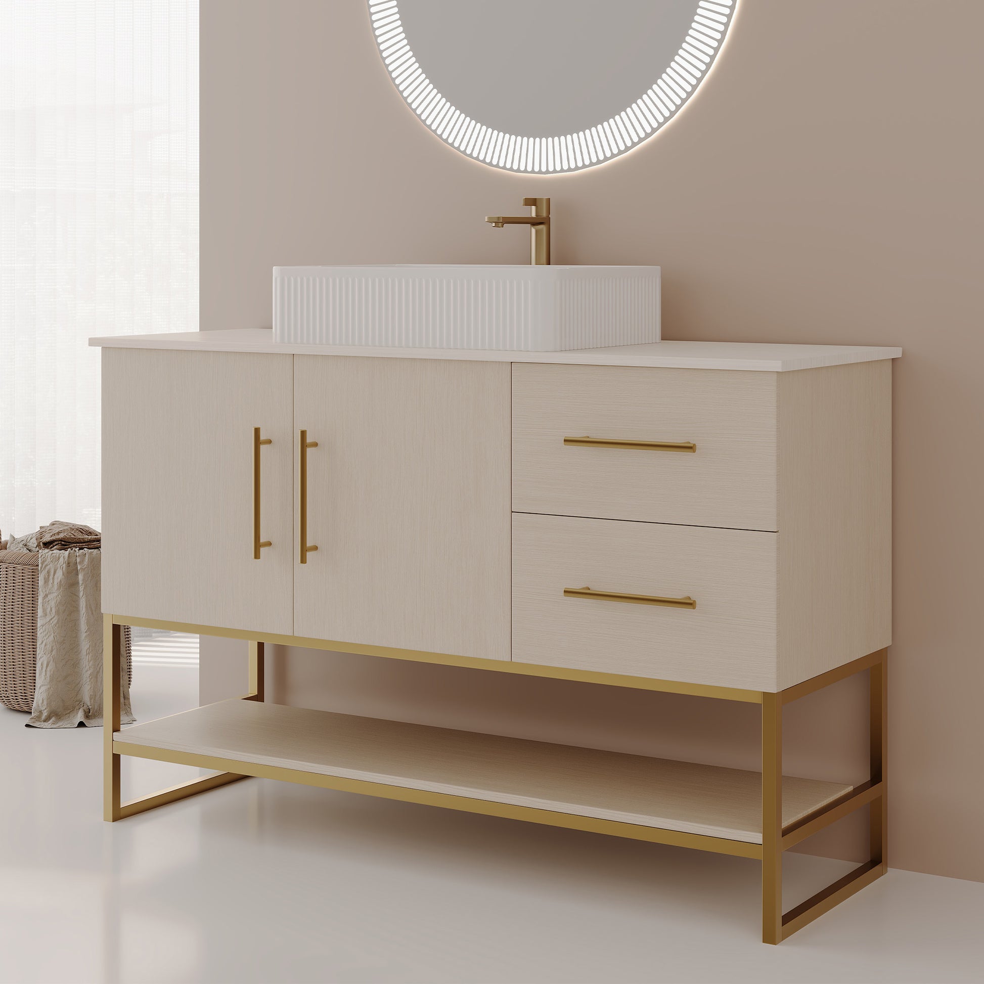 47.2' Modern Bathroom Vanity with Ceramic Vessel Sink, Gold Accent Free Standing Cabinet Bathroom Vanity