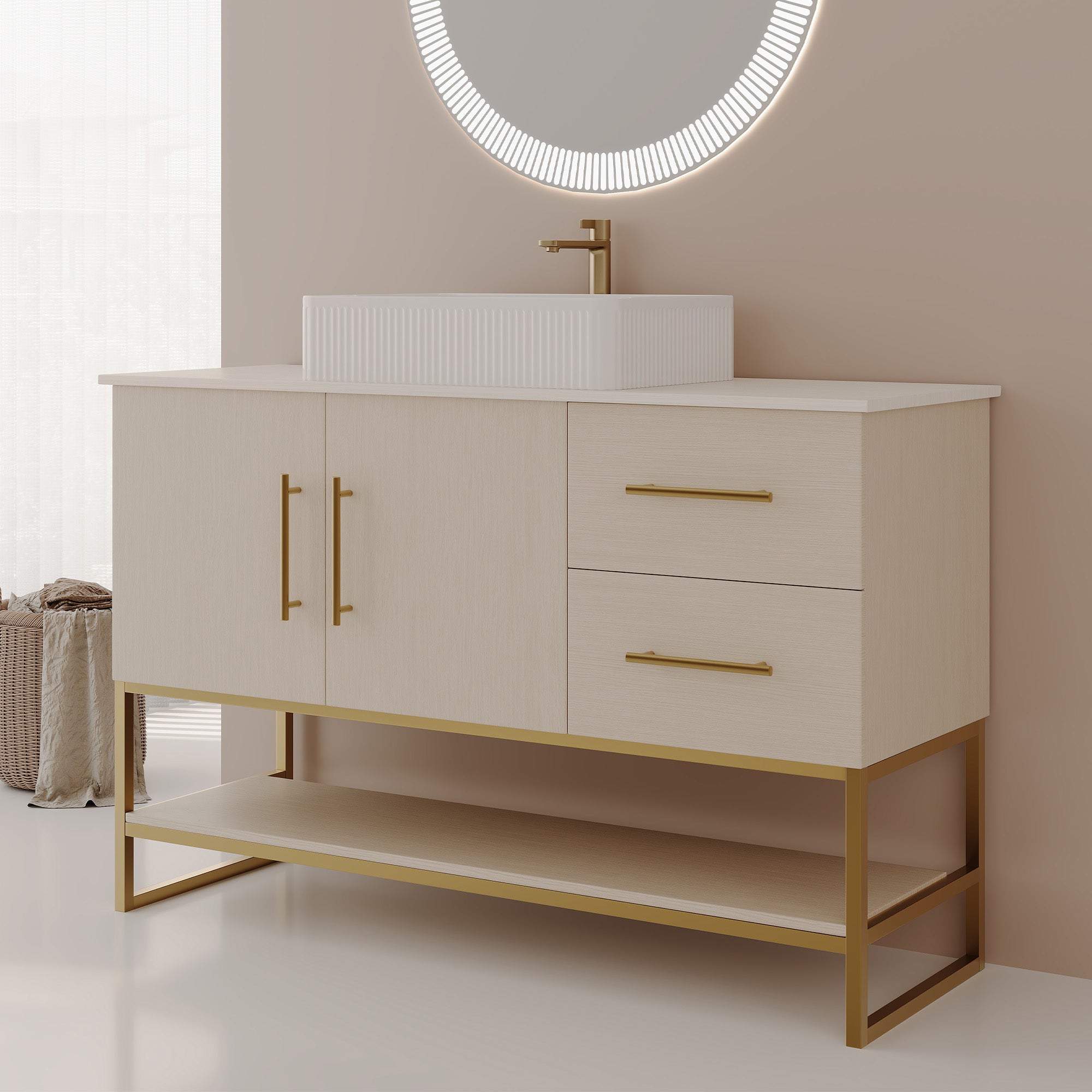 47.2' Modern Bathroom Vanity with Ceramic Vessel Sink, Gold Accent Free Standing Cabinet Bathroom Vanity