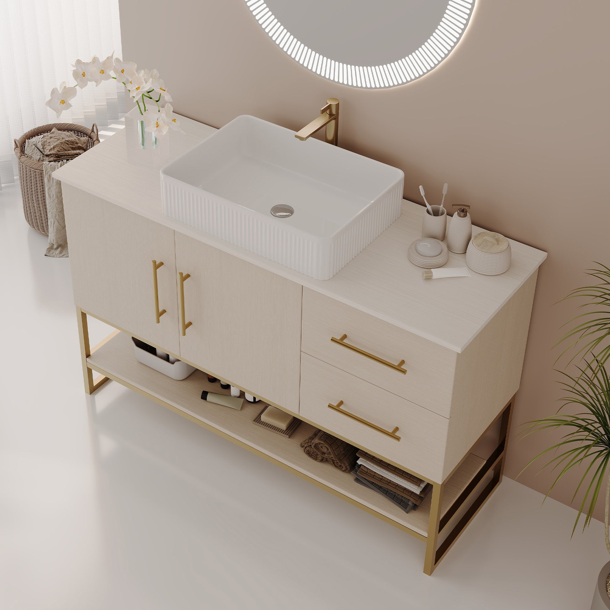 47.2' Modern Bathroom Vanity with Ceramic Vessel Sink, Gold Accent Free Standing Cabinet Bathroom Vanity